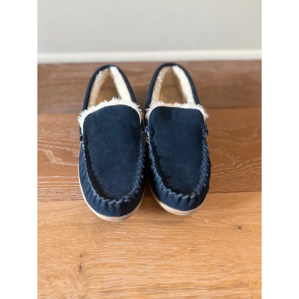 J.Crew Navy Suede Faux Fur Lined Moccasin Loafers Shoes Size 10 Never Worn